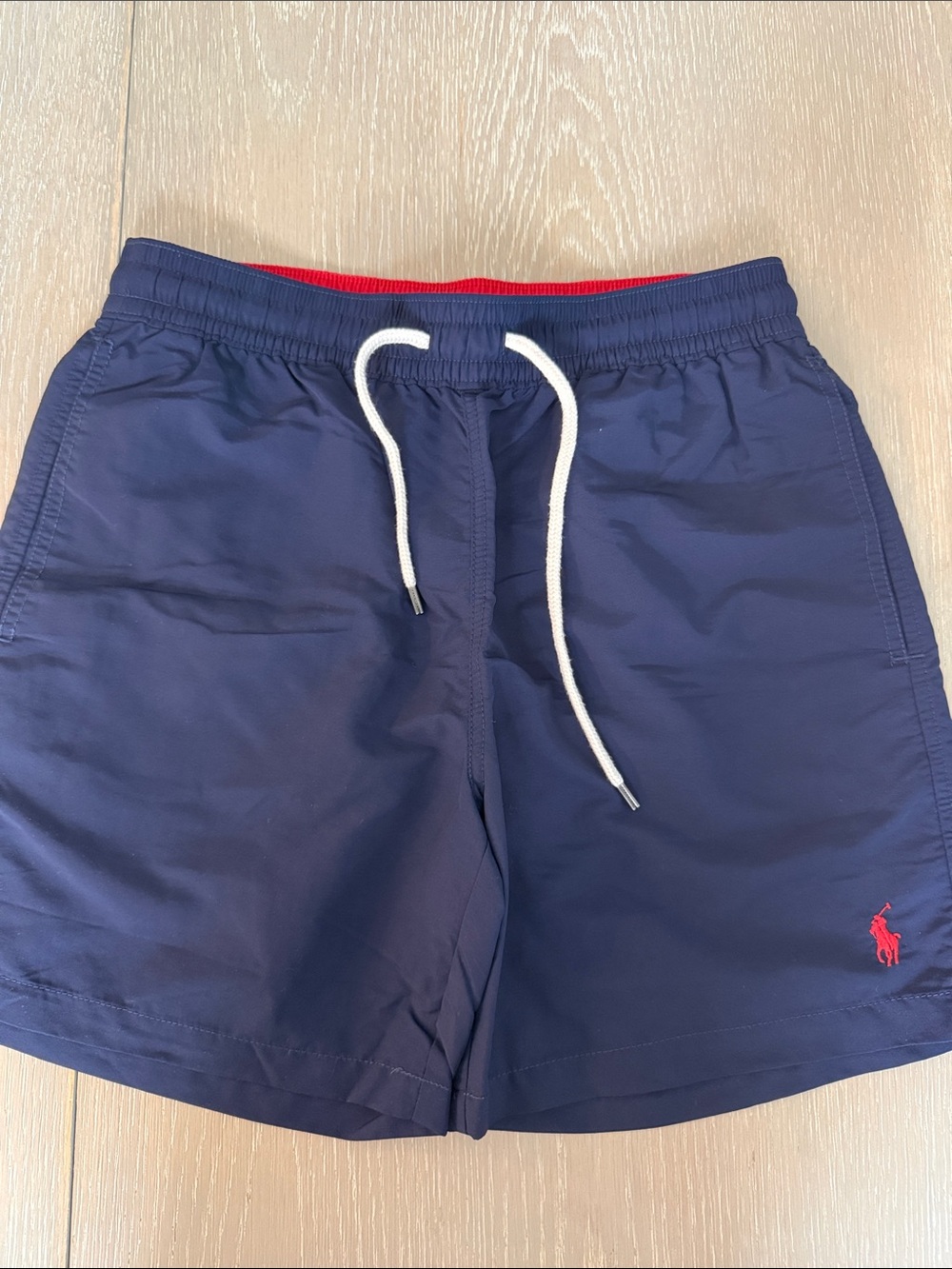 Polo by Ralph Lauren Navy Swim Trunks with Red Logo and White Drawstring